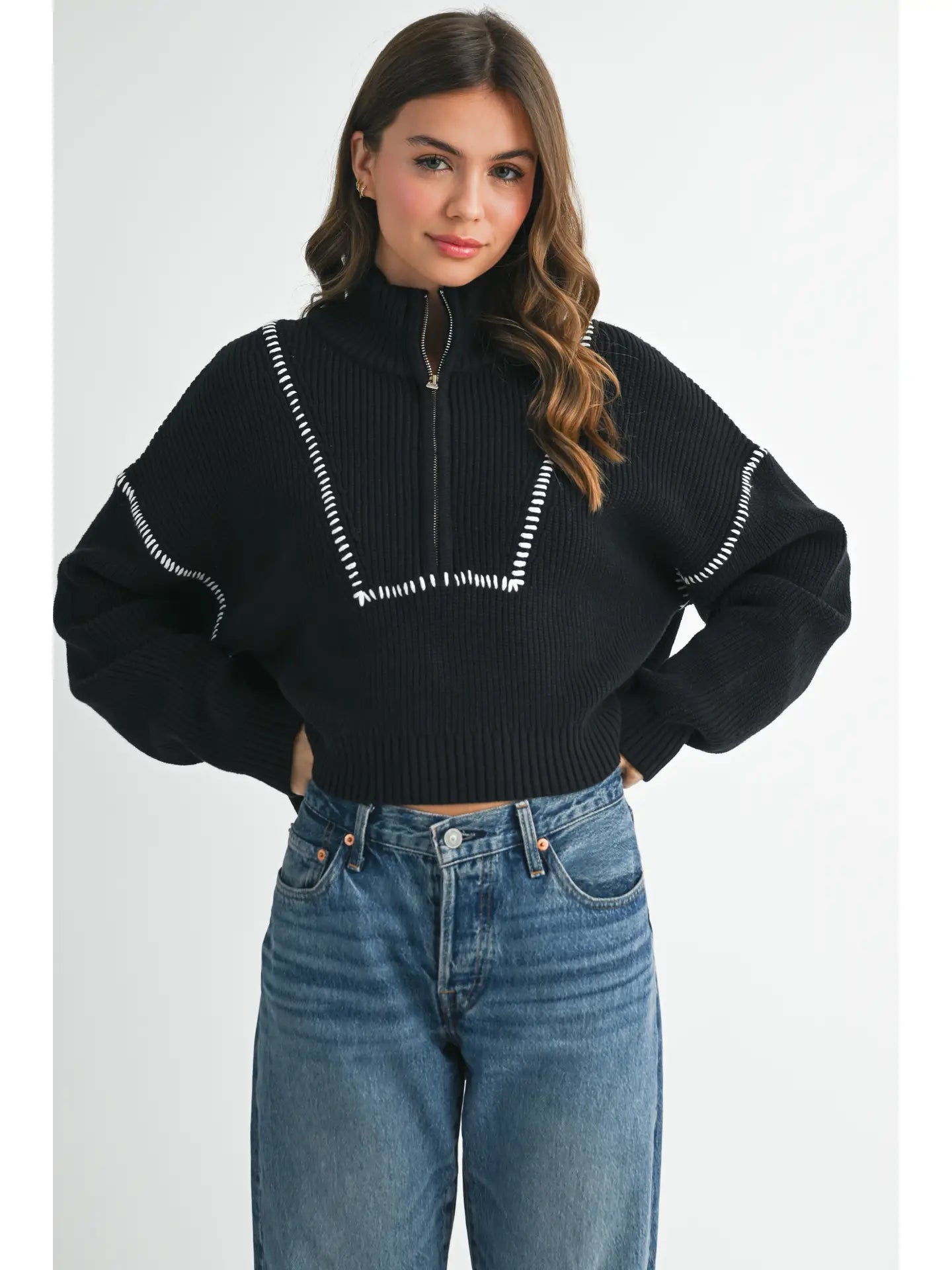GEORGIA CONTRAST STITCH QUARTER-ZIP SWEATER