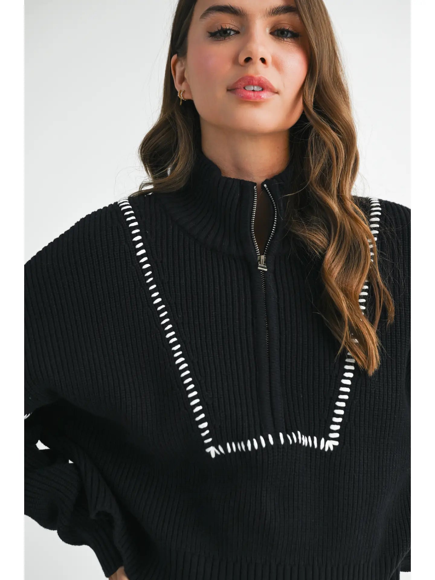 GEORGIA CONTRAST STITCH QUARTER-ZIP SWEATER