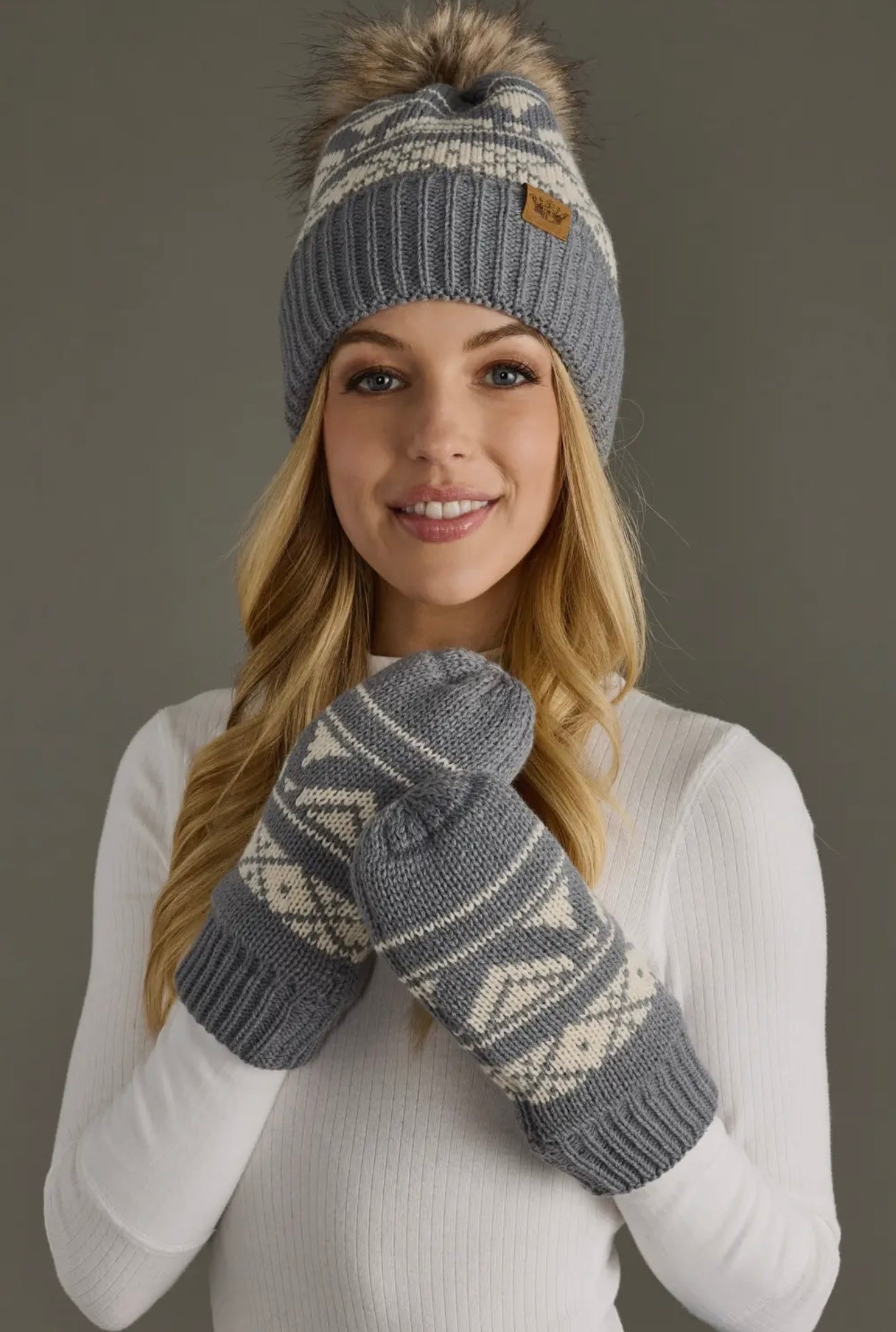 GISELLE GRAY & CREAM PATTERNED POM HAT