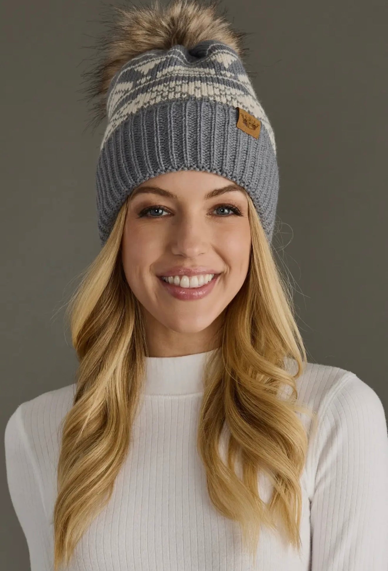 GISELLE GRAY & CREAM PATTERNED POM HAT