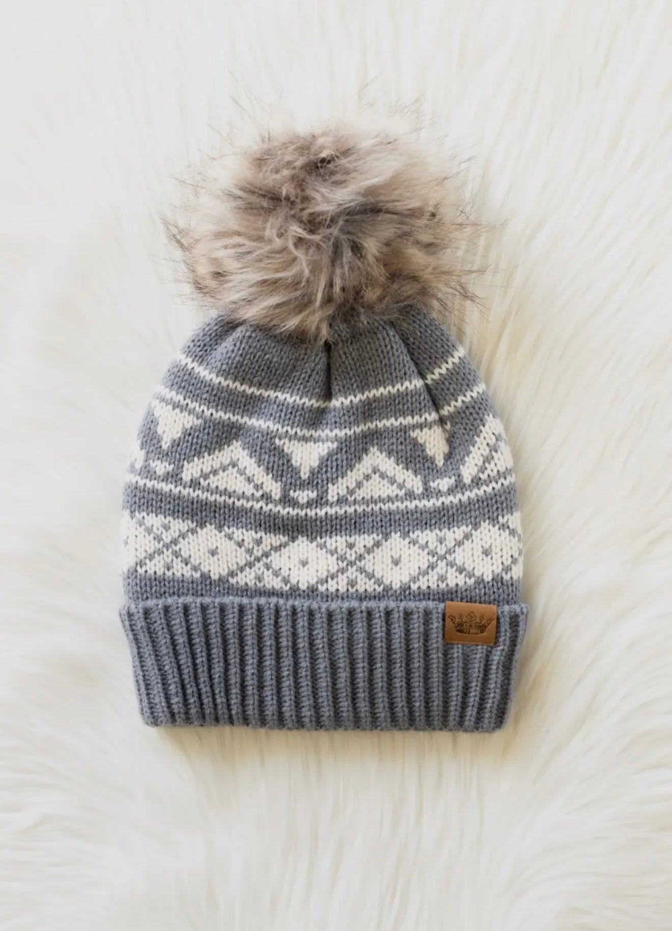 GISELLE GRAY & CREAM PATTERNED POM HAT