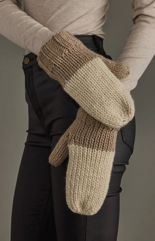 BALIRE BEIGE & TAUPE COLOR BLOCK KNIT MITTENS