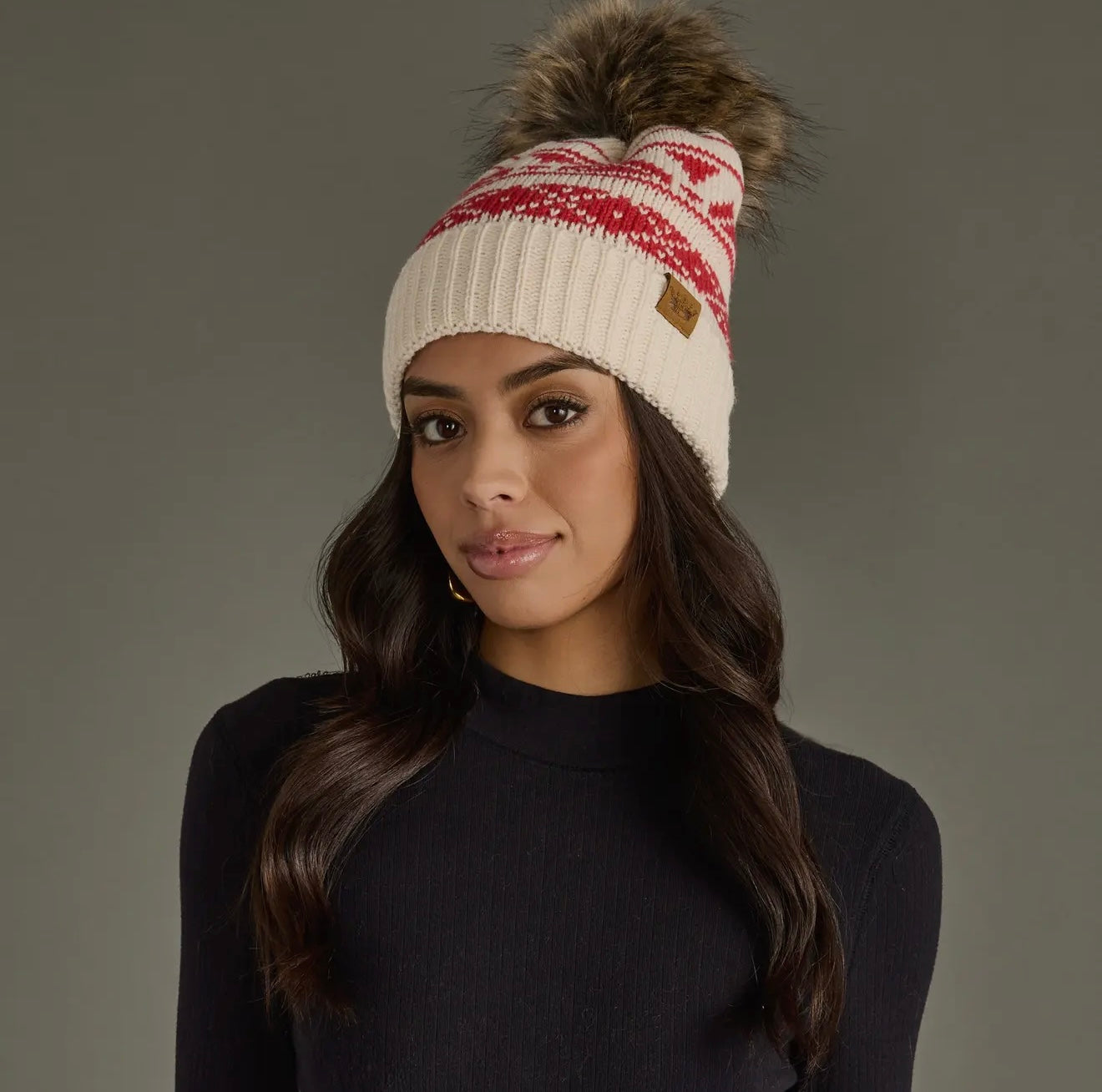 CAROL CREAM & RED PATTERNED POM HAT