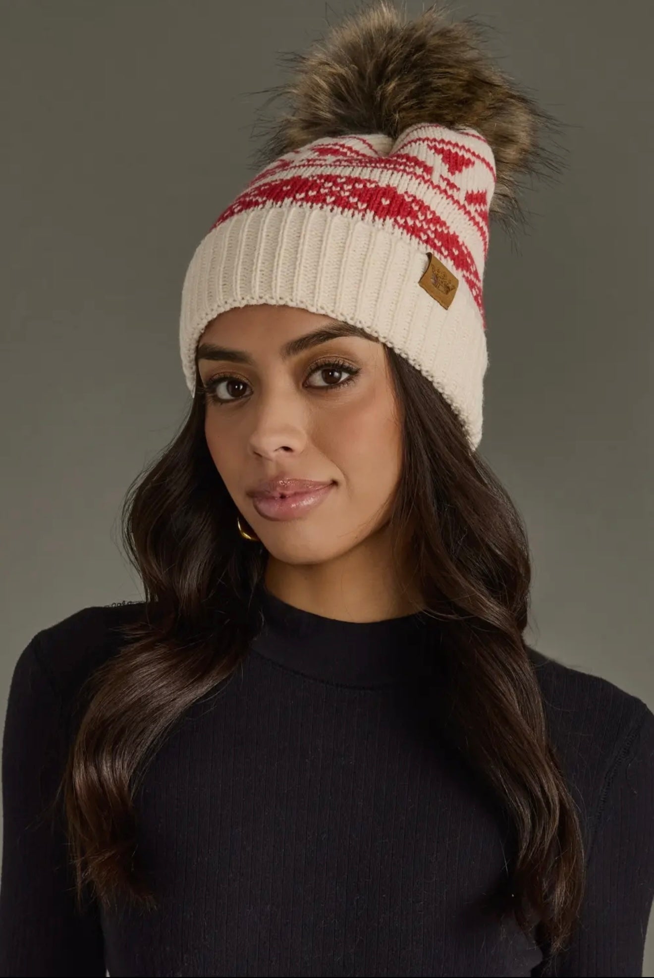 CAROL CREAM & RED PATTERNED POM HAT