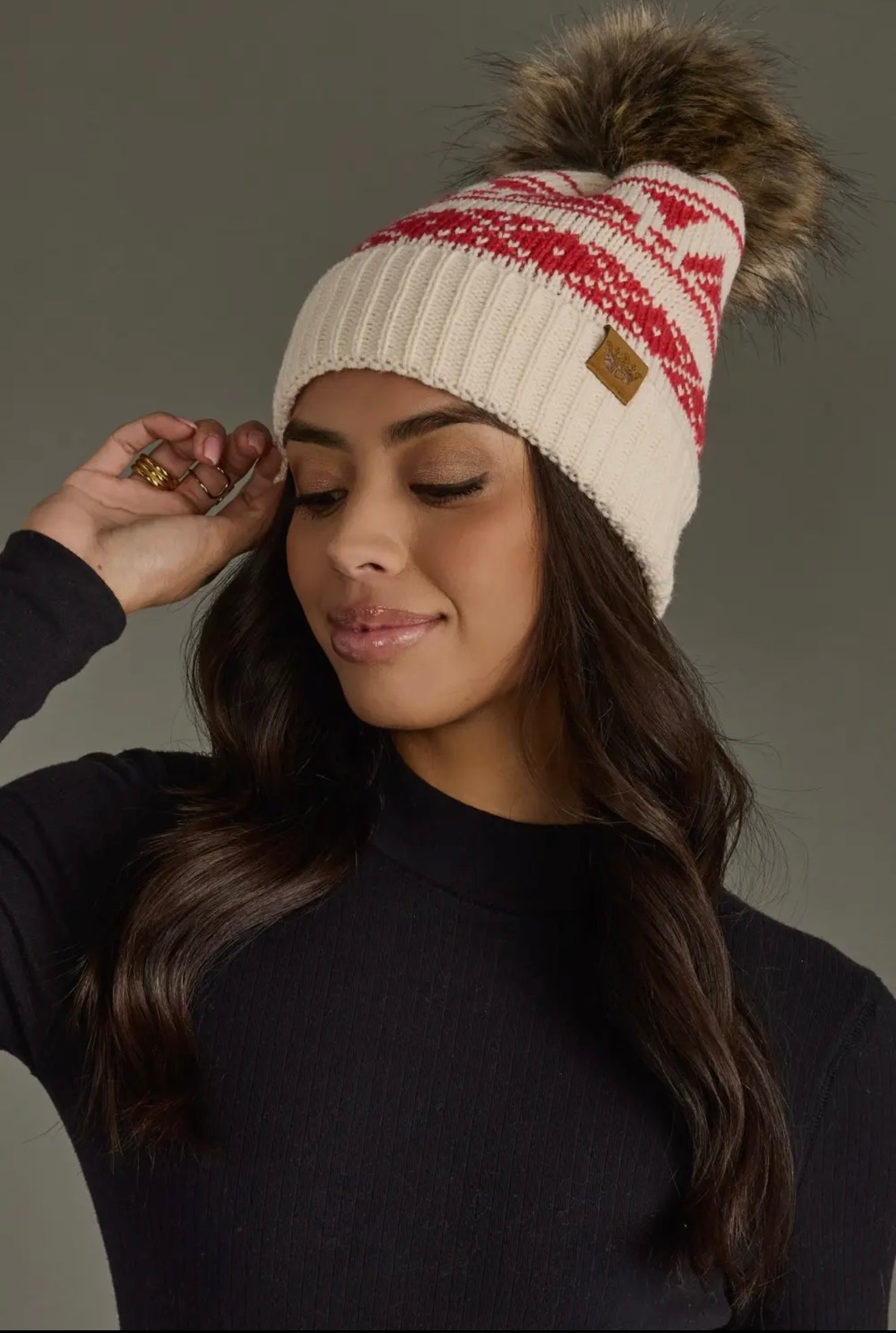 CAROL CREAM & RED PATTERNED POM HAT