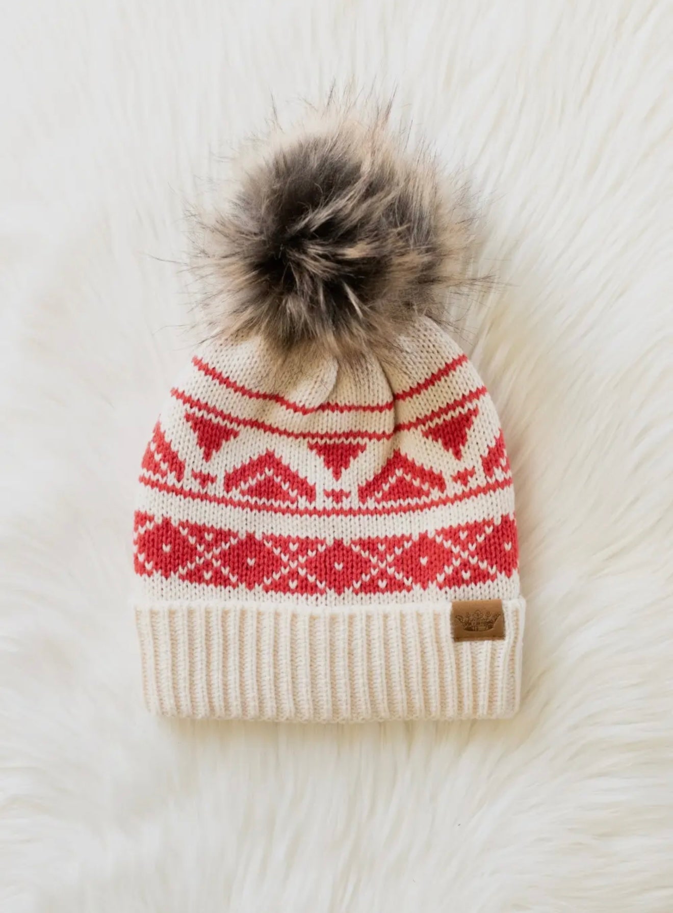 CAROL CREAM & RED PATTERNED POM HAT