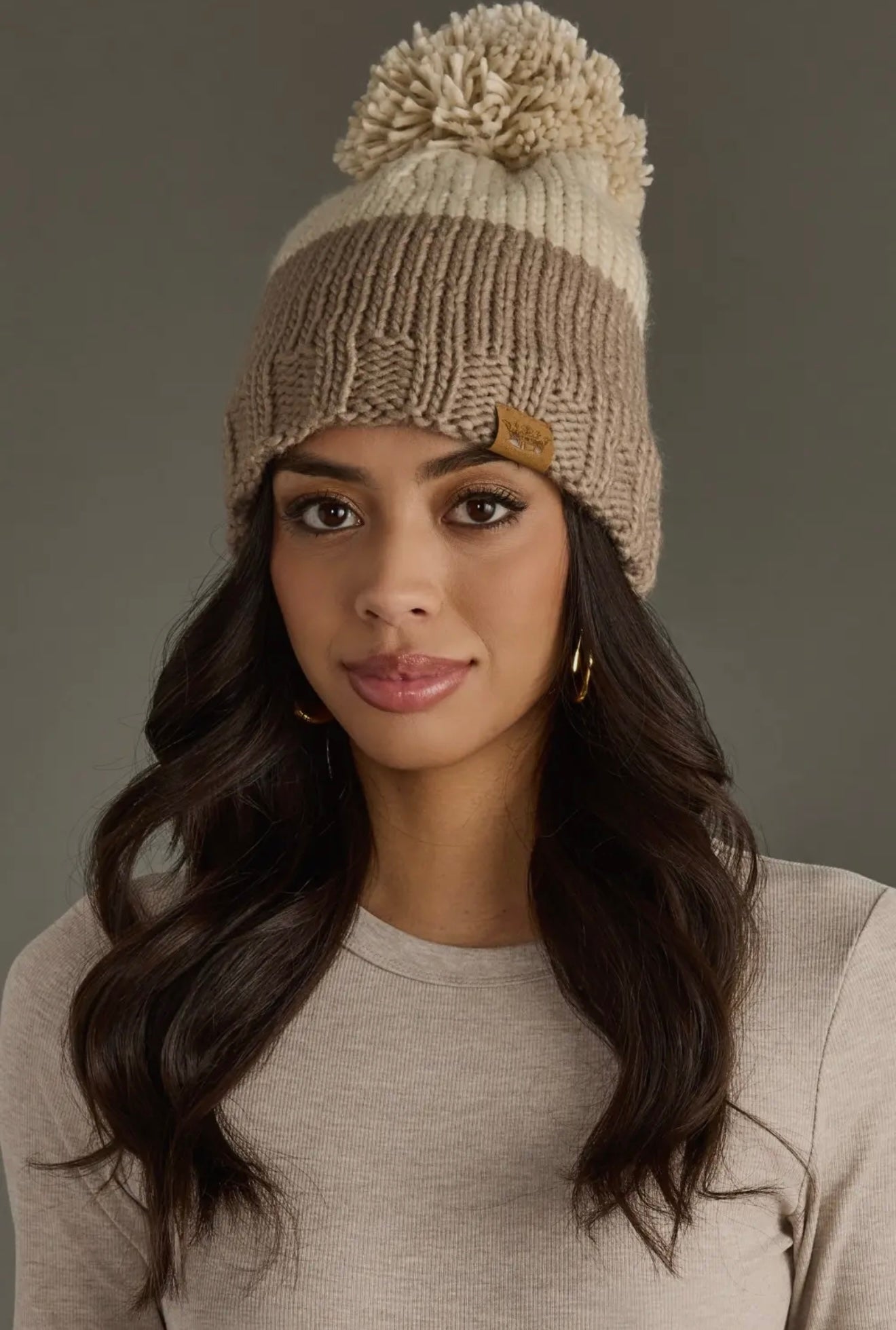 BLAIRE BEIGE & TAUPE COLOR BLOCK POM HAT