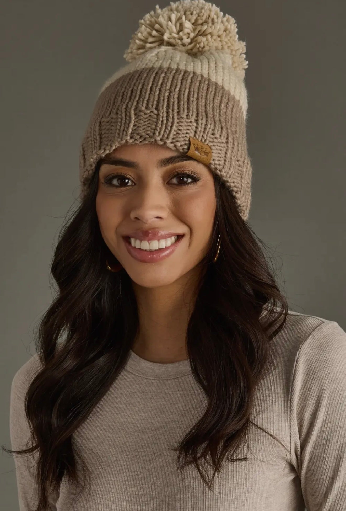BLAIRE BEIGE & TAUPE COLOR BLOCK POM HAT