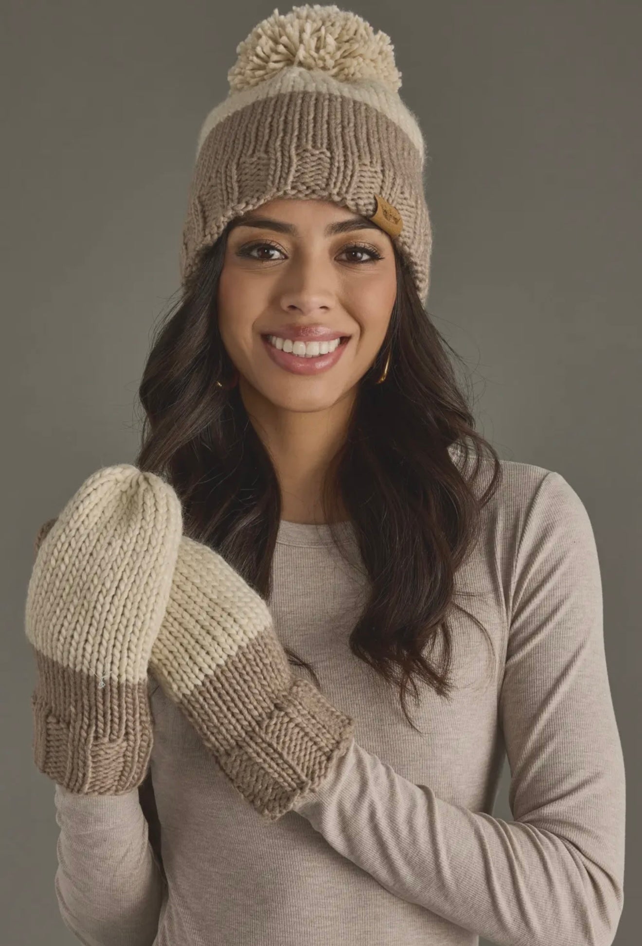 BLAIRE BEIGE & TAUPE COLOR BLOCK POM HAT