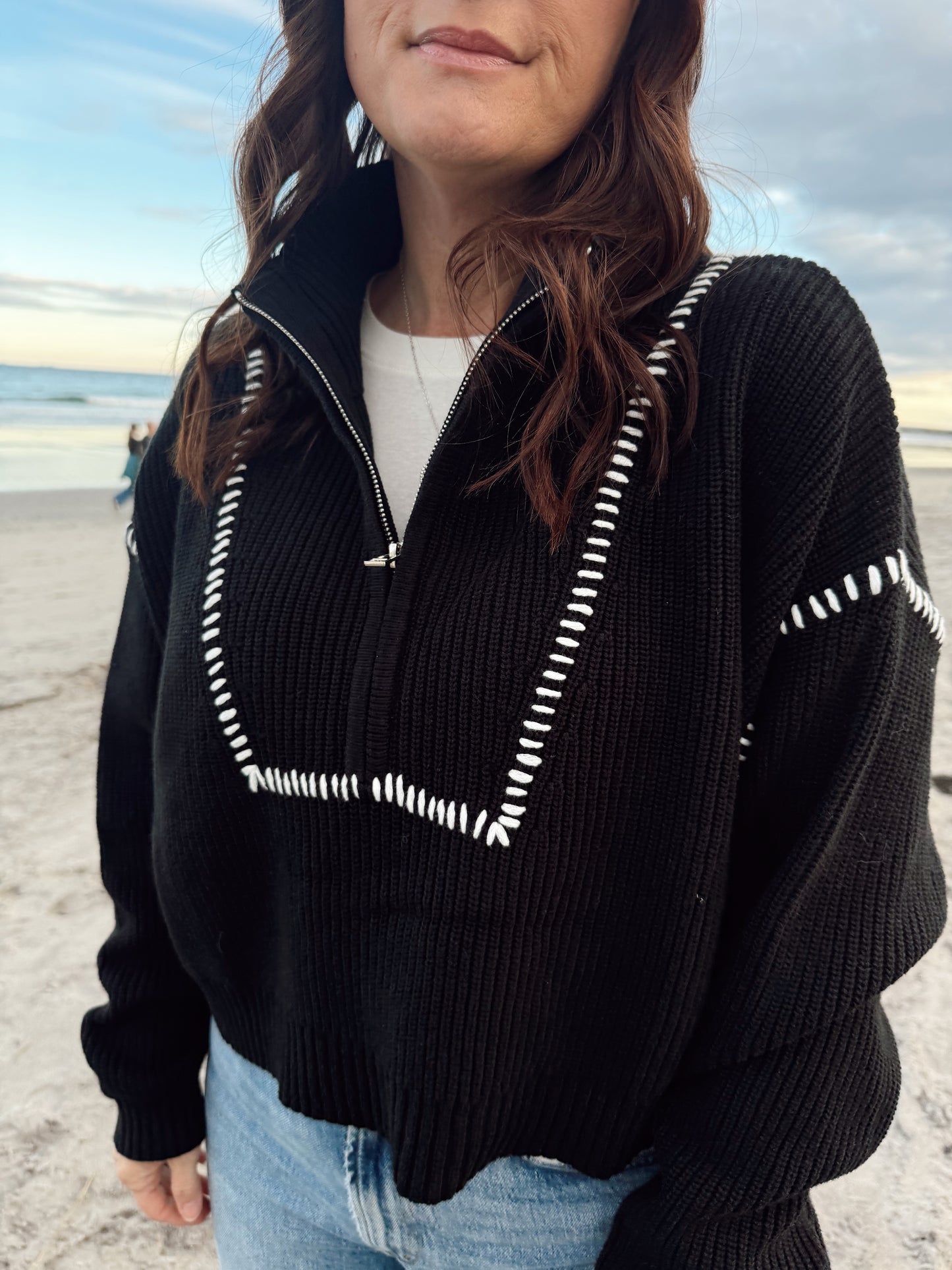 GEORGIA CONTRAST STITCH QUARTER-ZIP SWEATER