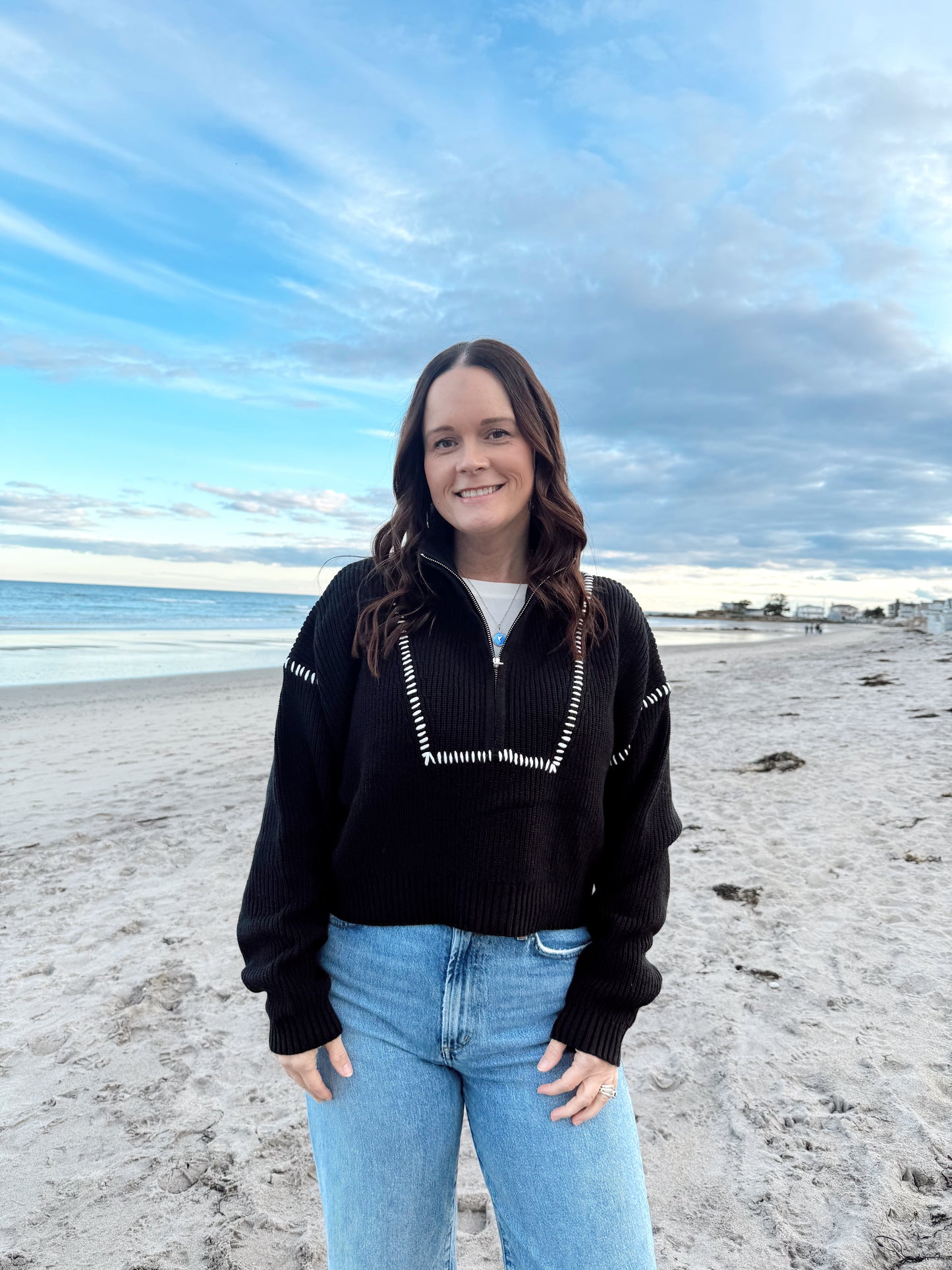 GEORGIA CONTRAST STITCH QUARTER-ZIP SWEATER