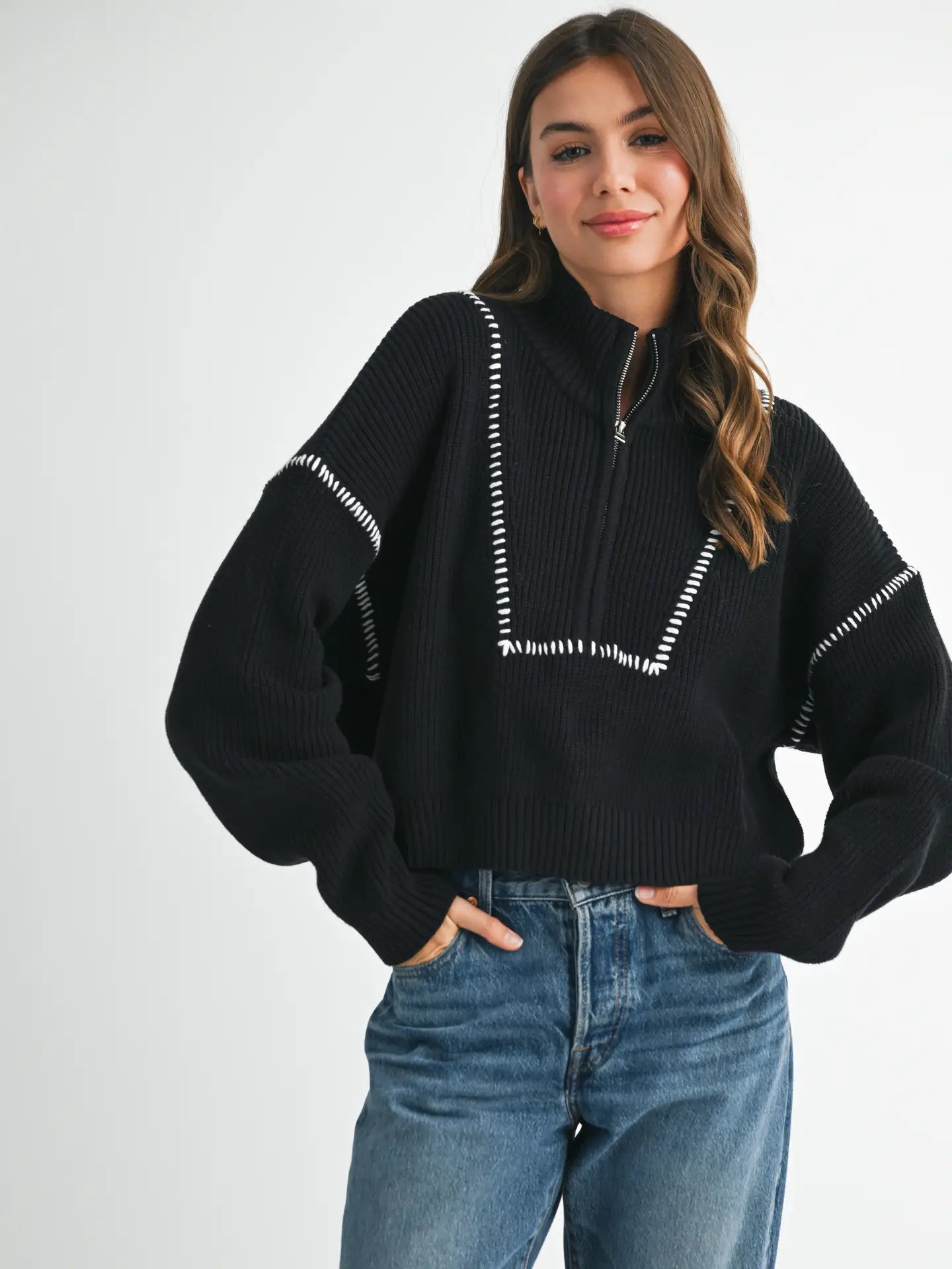 GEORGIA CONTRAST STITCH QUARTER-ZIP SWEATER