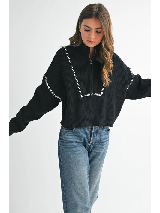 GEORGIA CONTRAST STITCH QUARTER-ZIP SWEATER